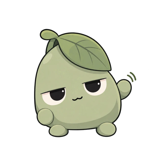 Bindu, a sleepy green friend with a leaf hat