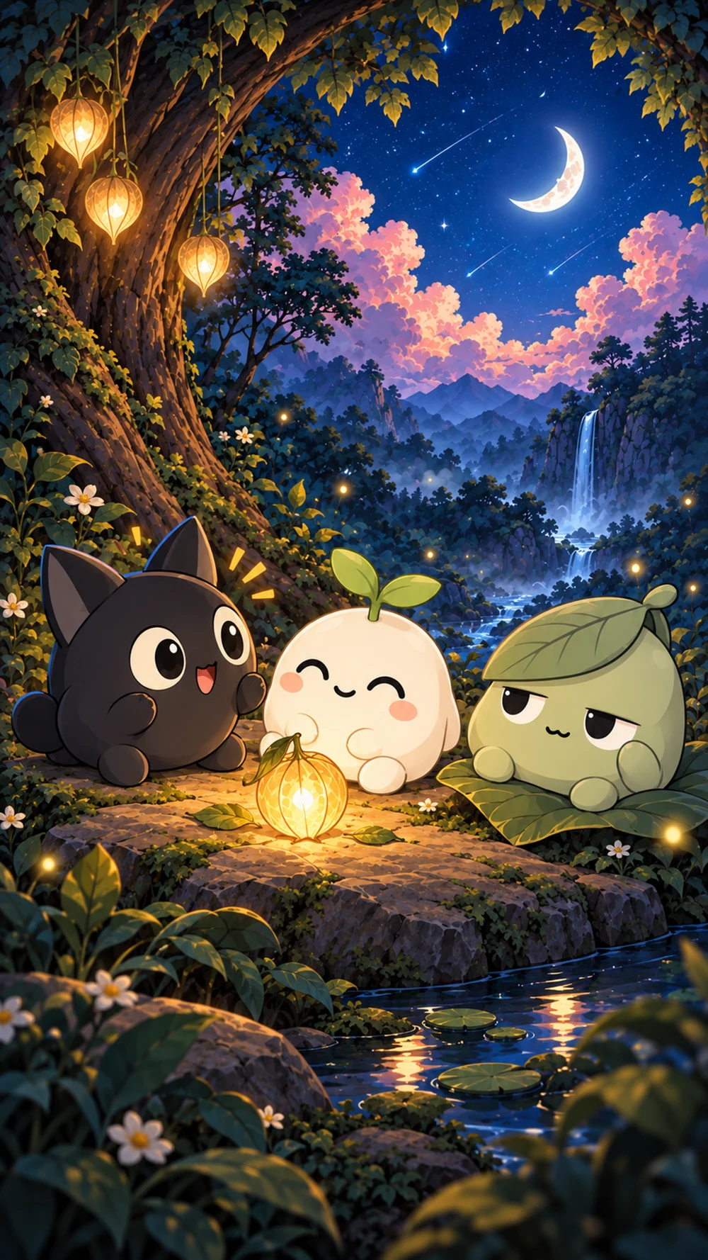 Palla, Lila and Bindu sharing a quiet moment beside a glowing lantern under the stars