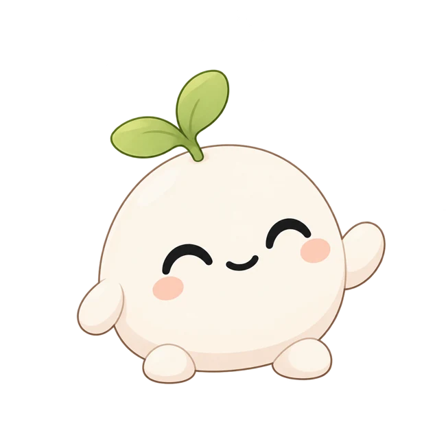Palla, a smiling cream-colored friend with a little sprout